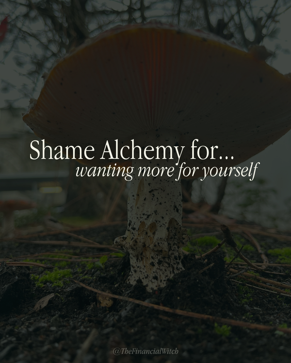 Background image is a close-up of the underside of a mushroom, exposing all its gills. Text: "Shame Alchemy for... wanting more for yourself"