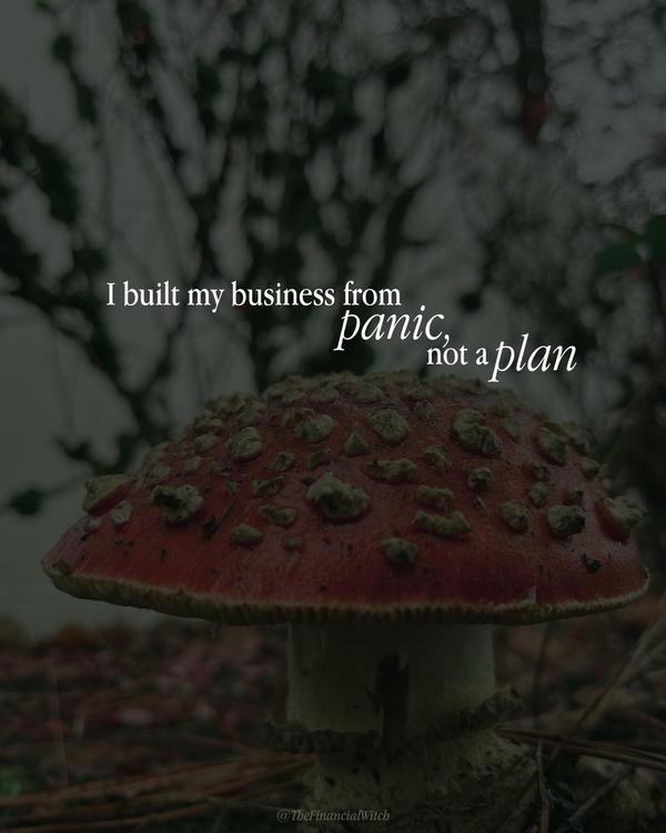 Image of an amanita mushroom. Text reads "I built my business from panic, not a plan"